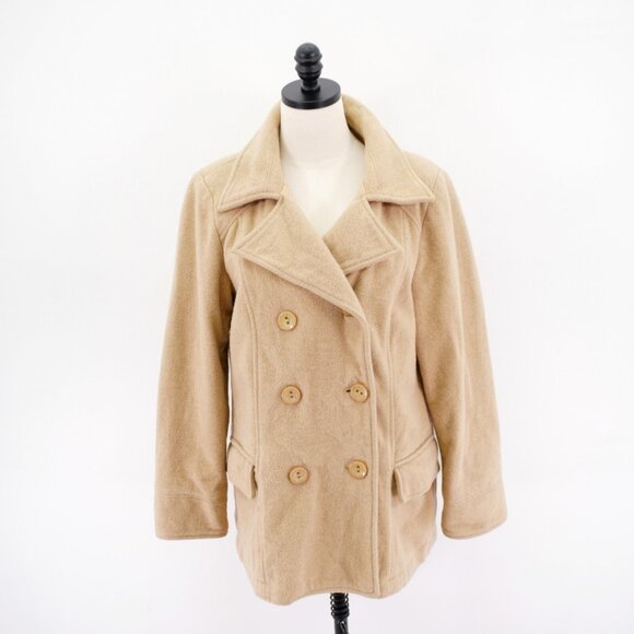 Old Navy 6 Button Double Breasted‎ Tan Wool Nylon OverCoat Large - Picture 1 of 16